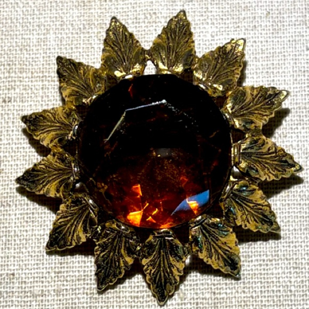 Signed Emmons Flower Brooch with faux Topaz Center
